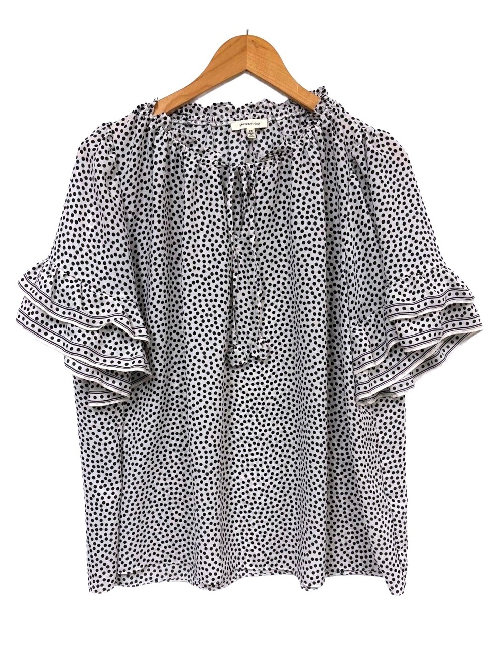 Max Studio 2X Polka Dot Ruffle Sleeve Peasant Blouse Black White Tassel Tie Plus